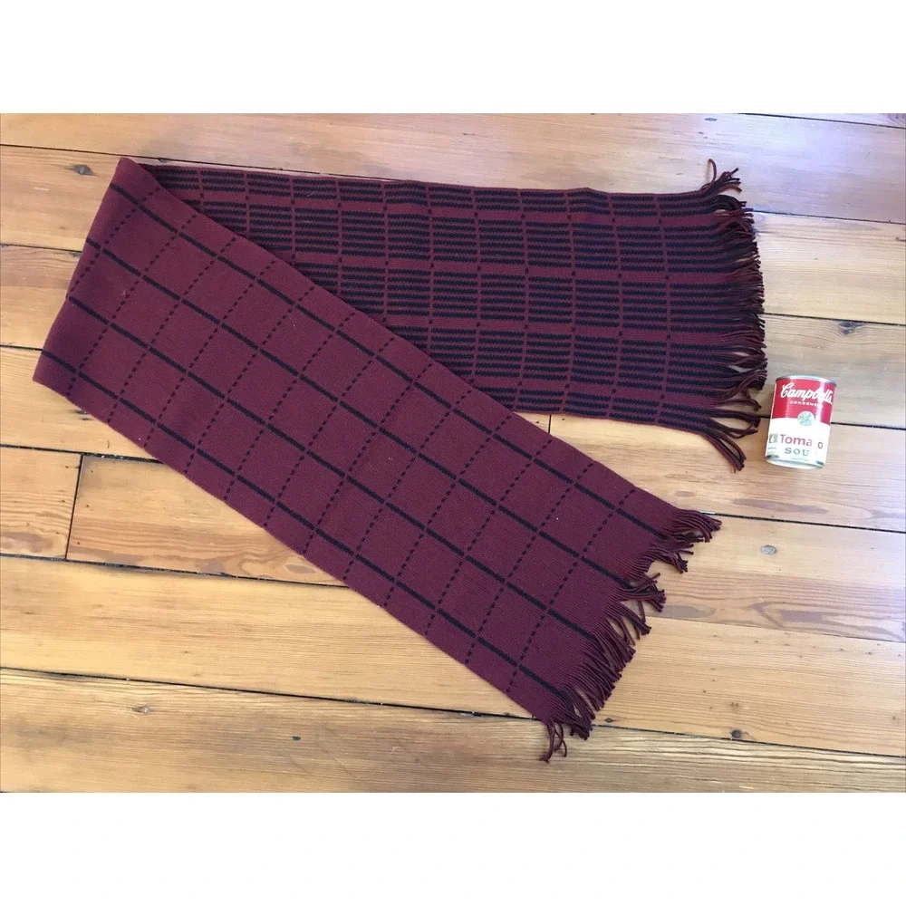 Johnston Murphy German Maroon Black Striped Fringe 100% Wool Knit Winter Scarf